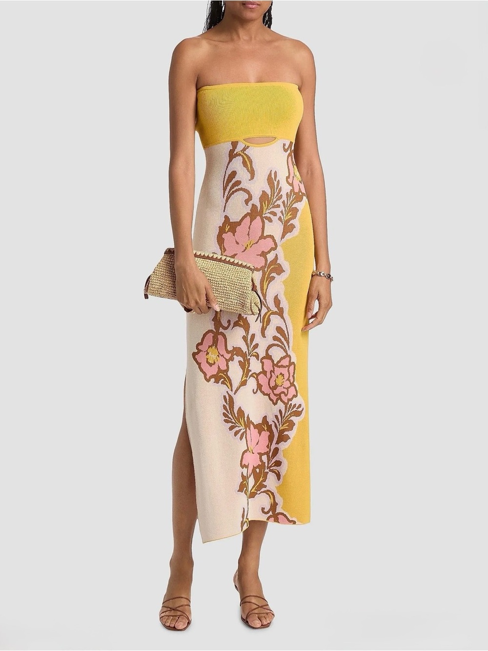 MISA Los Angeles Fletcher Floral Knit Strapless Midi Dress Plumeria Size M NWT